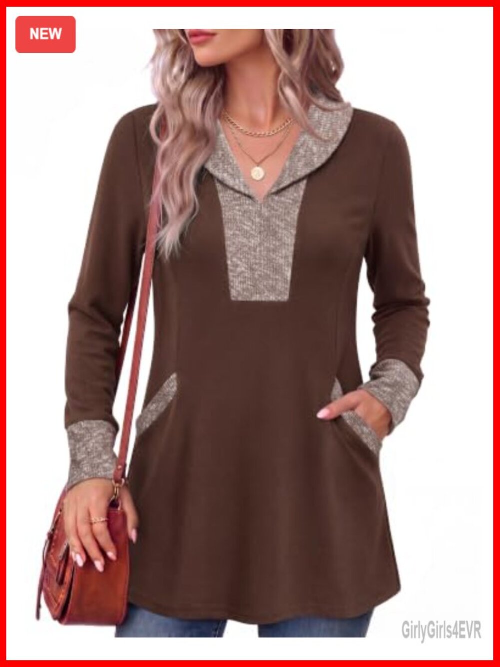 Womens V Neck Tunic Sweater with Pockets Long Sleeve Work Top